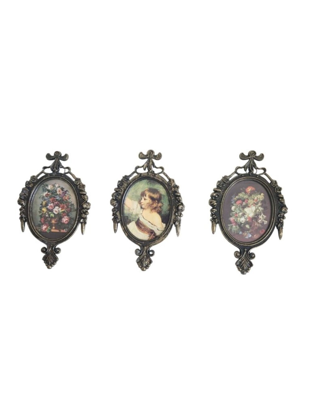Three Ornate Made in Italy Brass framed floral and child pictures